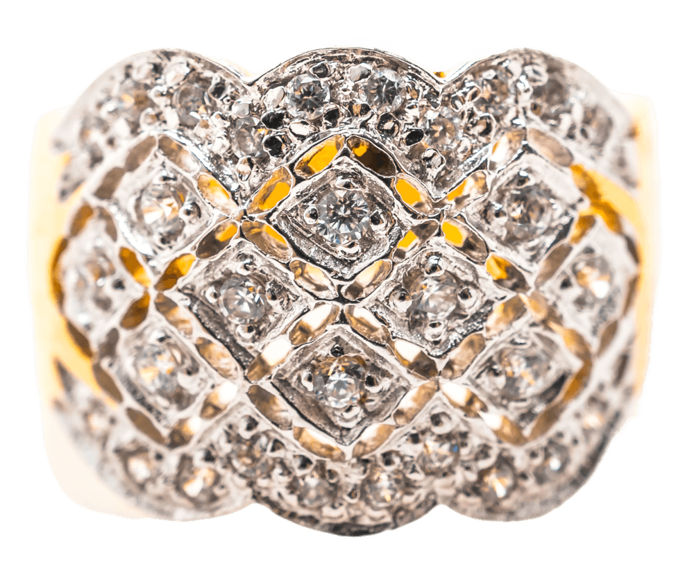 Gold ring set with diamonds in a lattice design